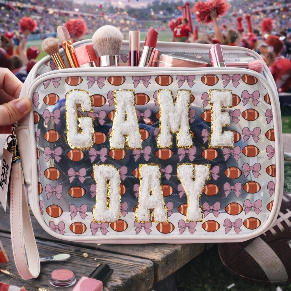 Game Day Clear Bag – Stadium-Approved Football Bow Cosmetic / Clutch